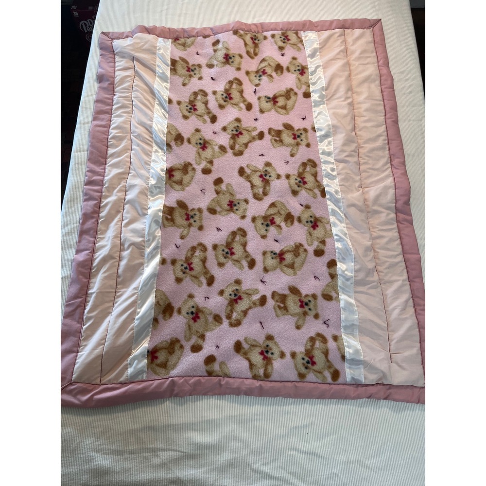 Vintage Pink Teddy Bear Baby Blanket Satin Trim Quilted Border Fleece 33x42